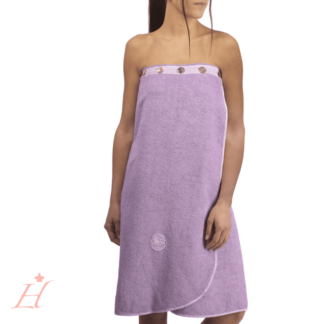 Adjustable terry cloth bath sarong with mother-of-pearl buttons