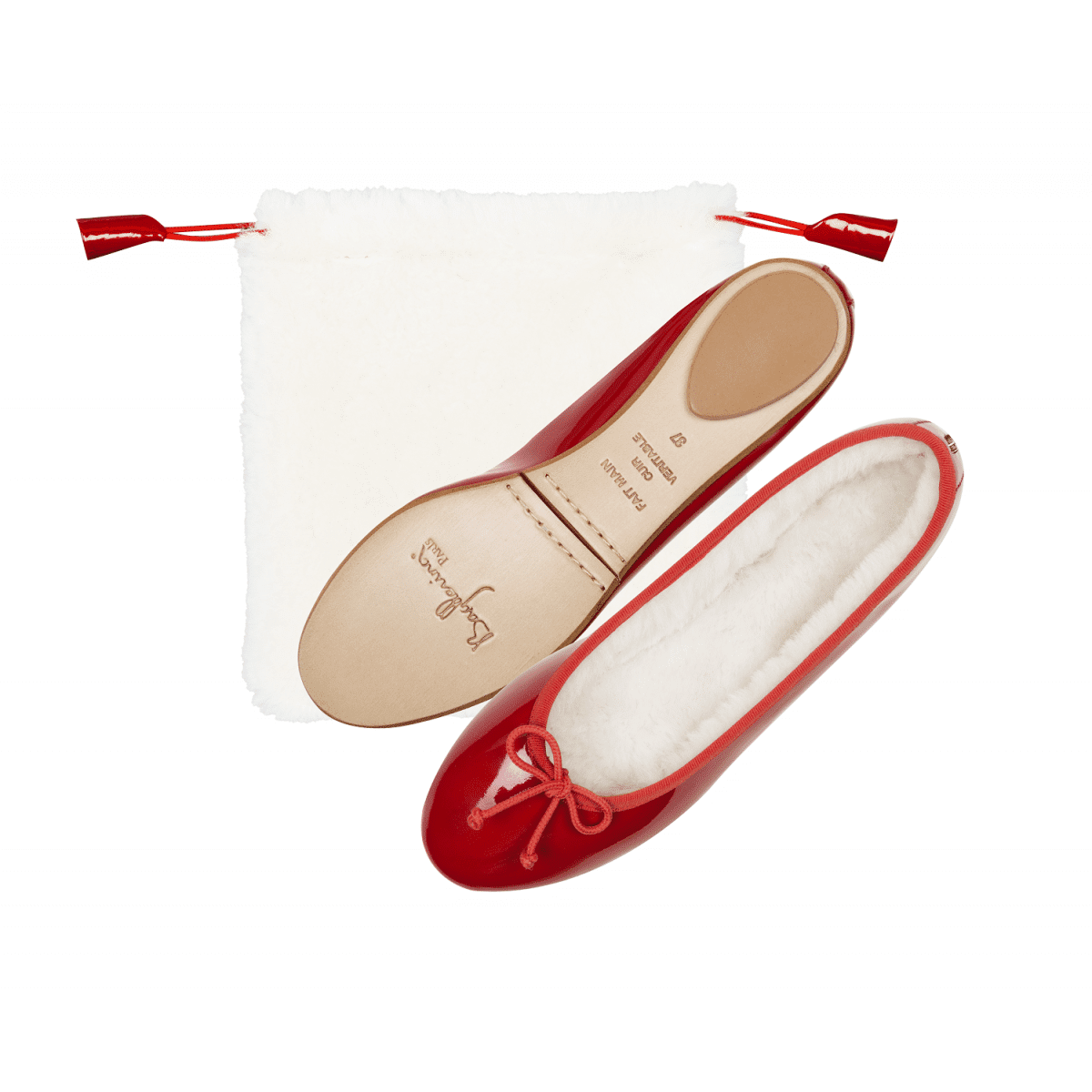 Red patent leather ballet flats with fur